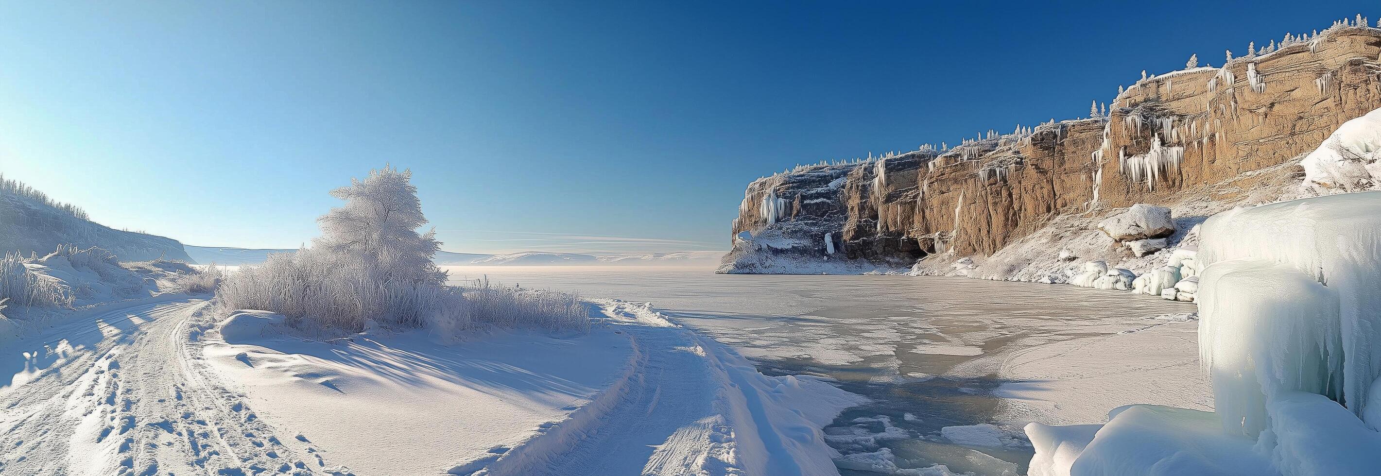 Winter landscape with frozen water and trees photo