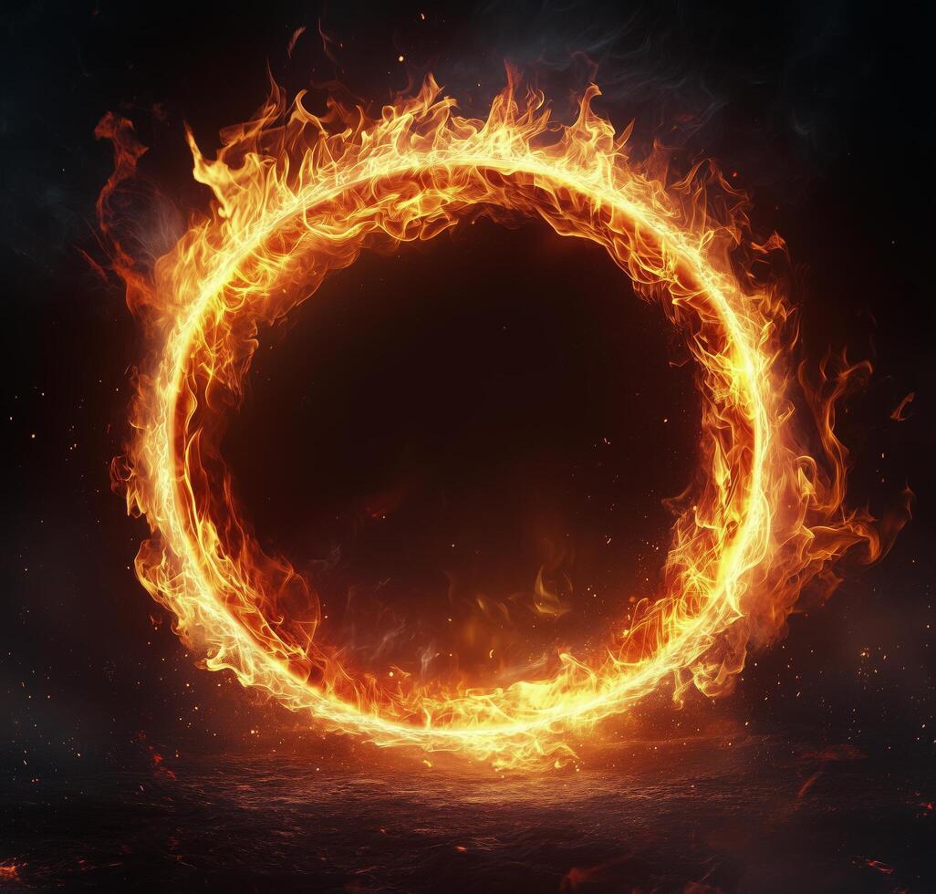 A circle of fire is shown in the middle of the dark photo