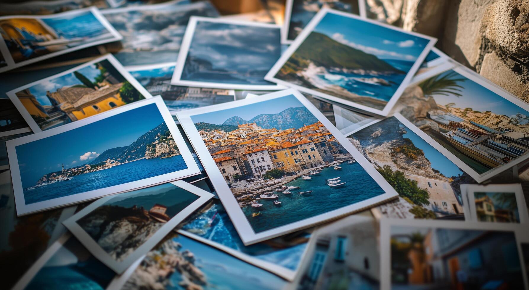 Many pictures of the sea and mountains are displayed photo