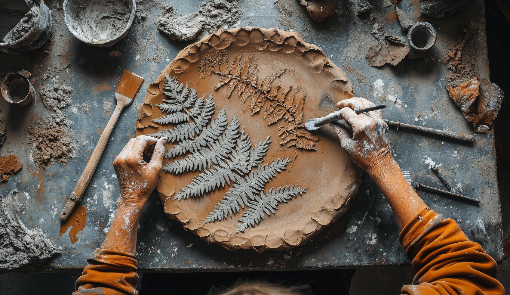 A woman is making a clay fern on a pottery wheel photo