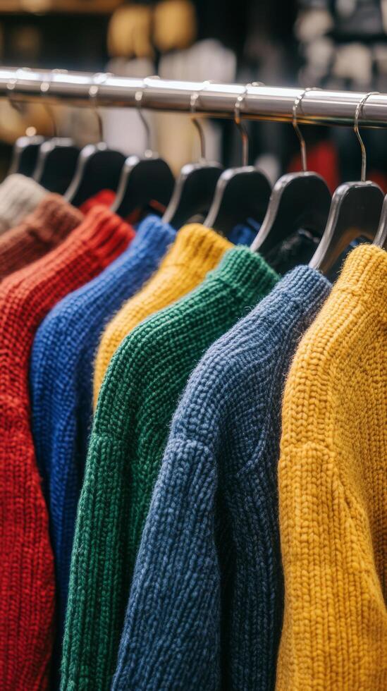 Colorful sweaters hanging on hangers in a store photo