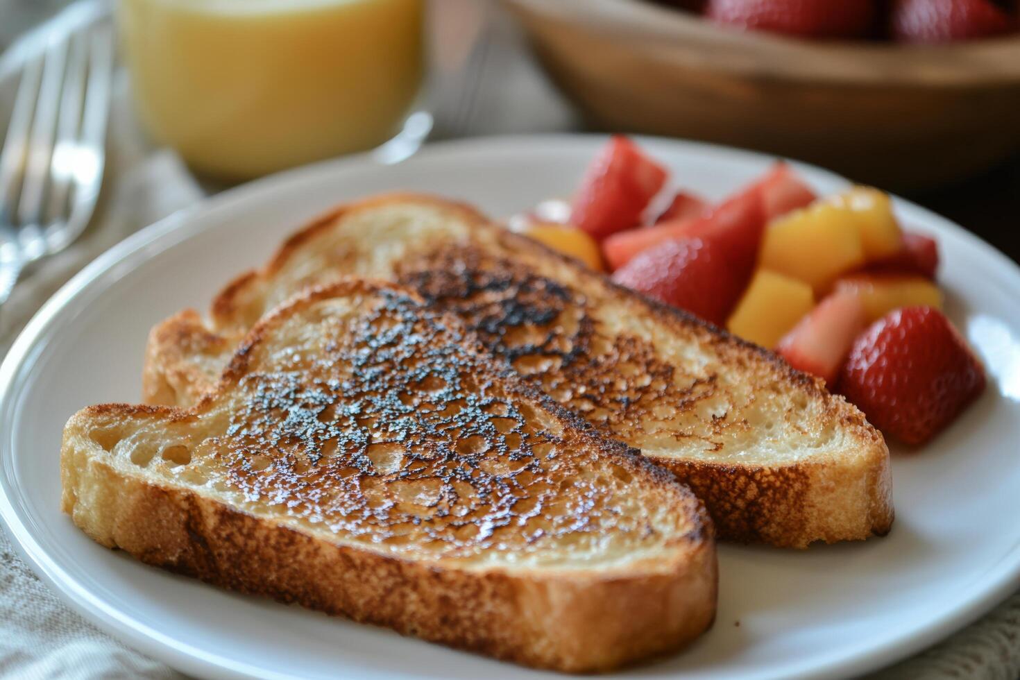 A plate with two slices of toast and strawberries photo