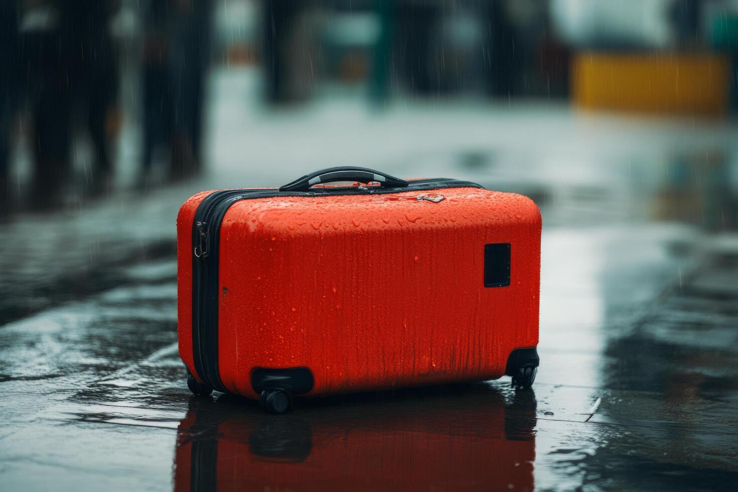 A red suitcase sitting on the ground in the rain photo