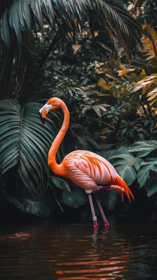 A flamingo is standing in the water surrounded by plants photo