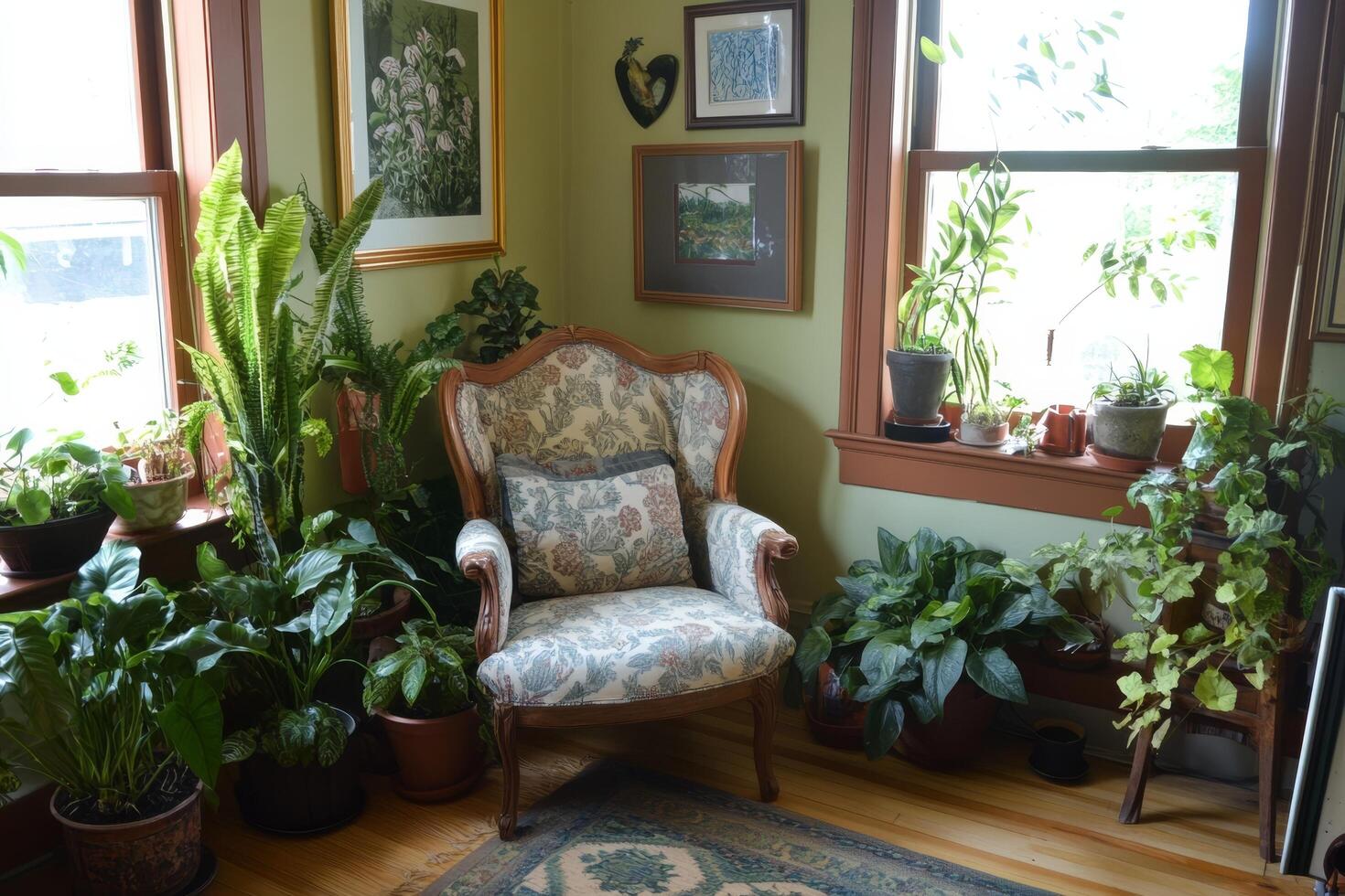 A room with a chair and plants photo