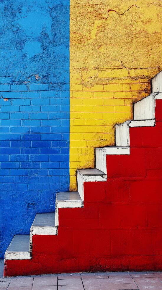 A stairway painted in the colors of the romanian flag photo