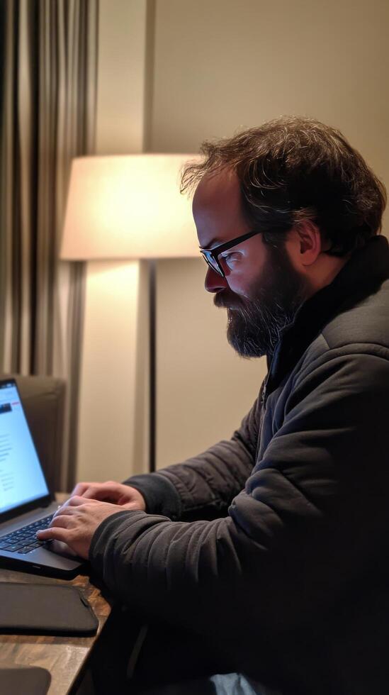 A man with glasses and a beard sitting at a table with a laptop photo