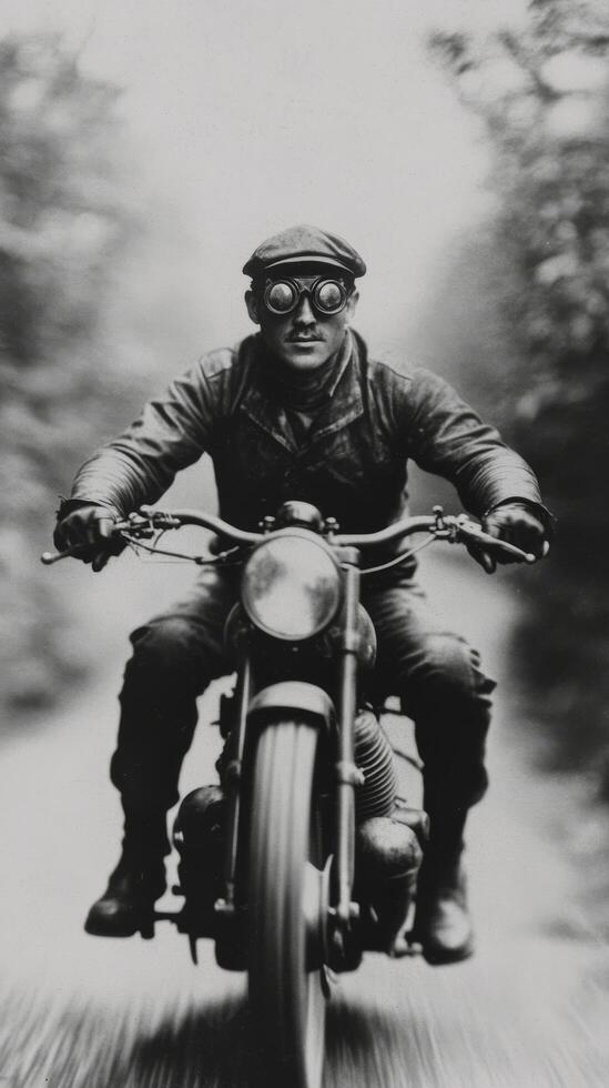 A man on a motorcycle with goggles and a helmet photo