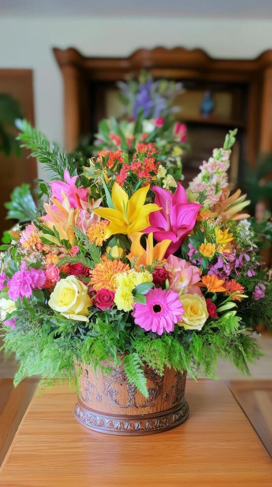 A colorful arrangement of flowers in a wooden vase photo