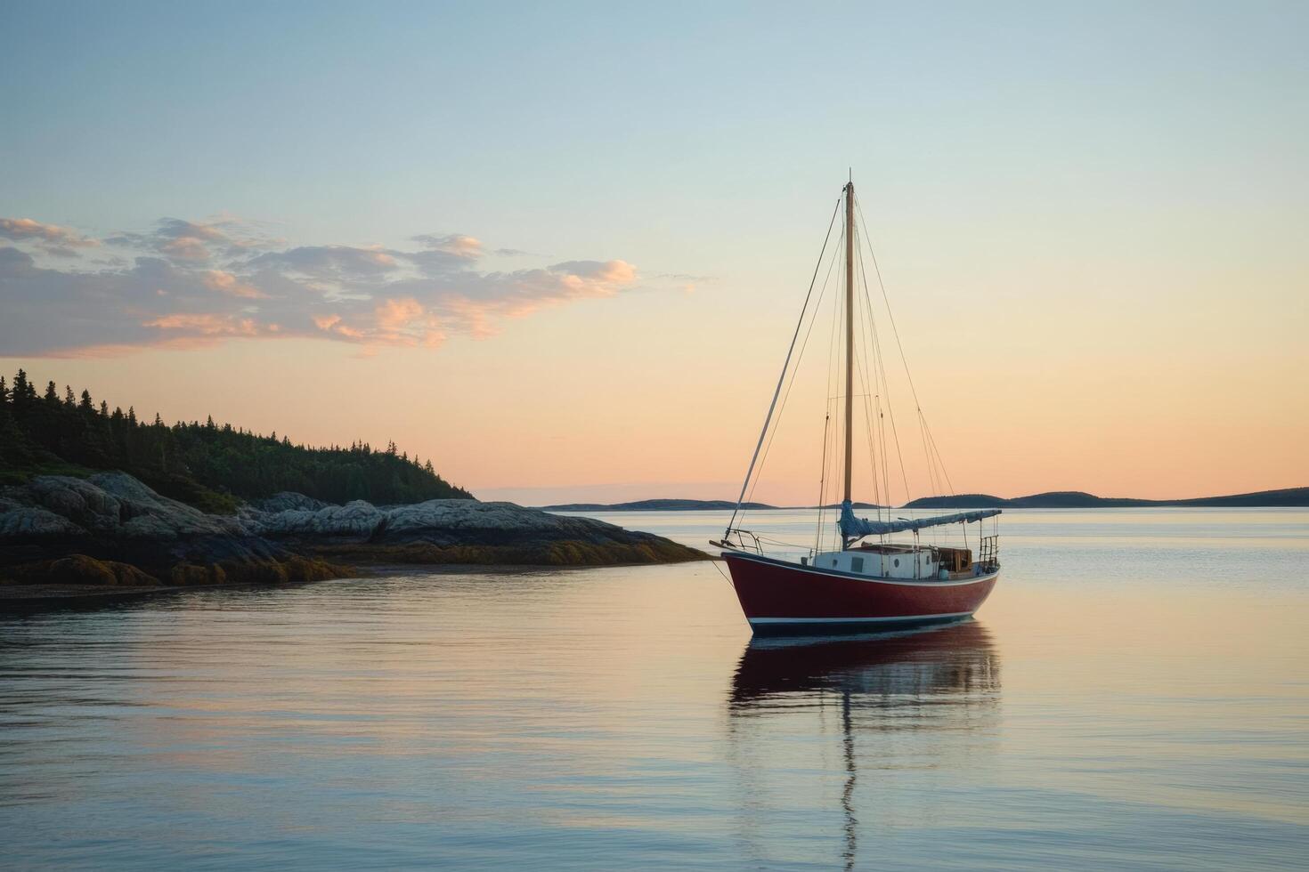 A sailboat is anchored in the water at sunset photo