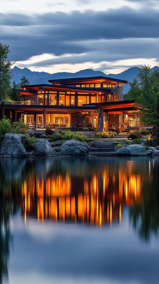 A large house sitting on the shore of a lake photo