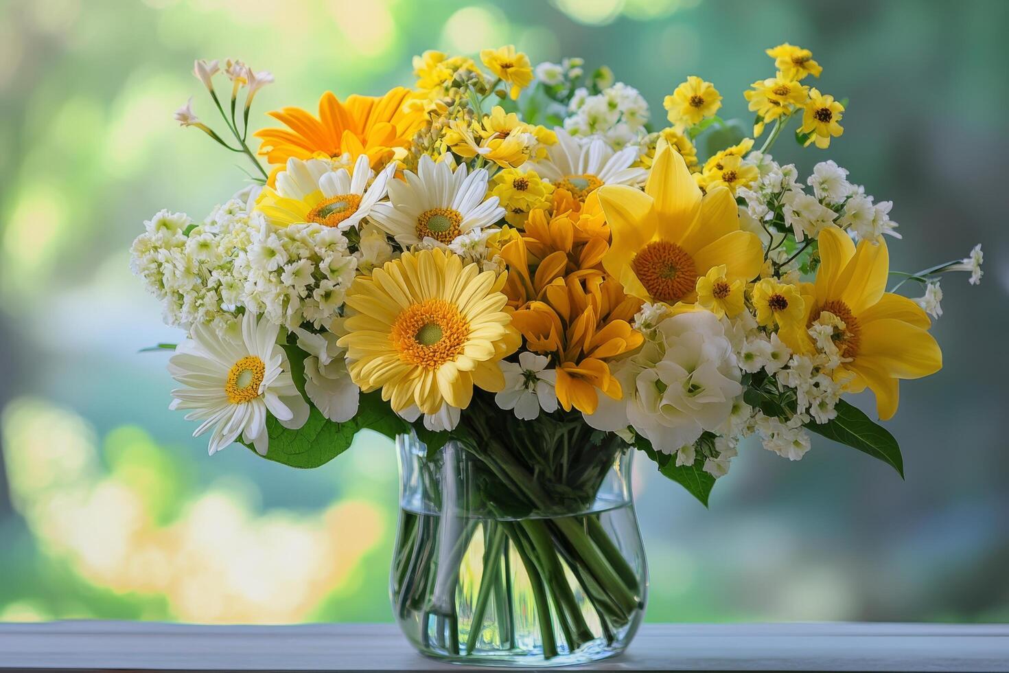 A vase filled with yellow and white flowers photo