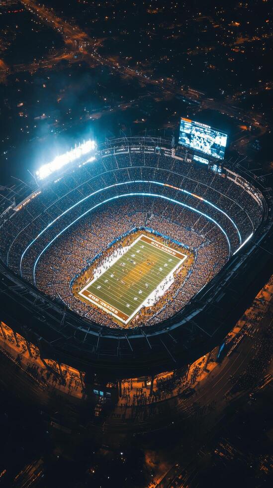 An aerial view of a football stadium at night photo