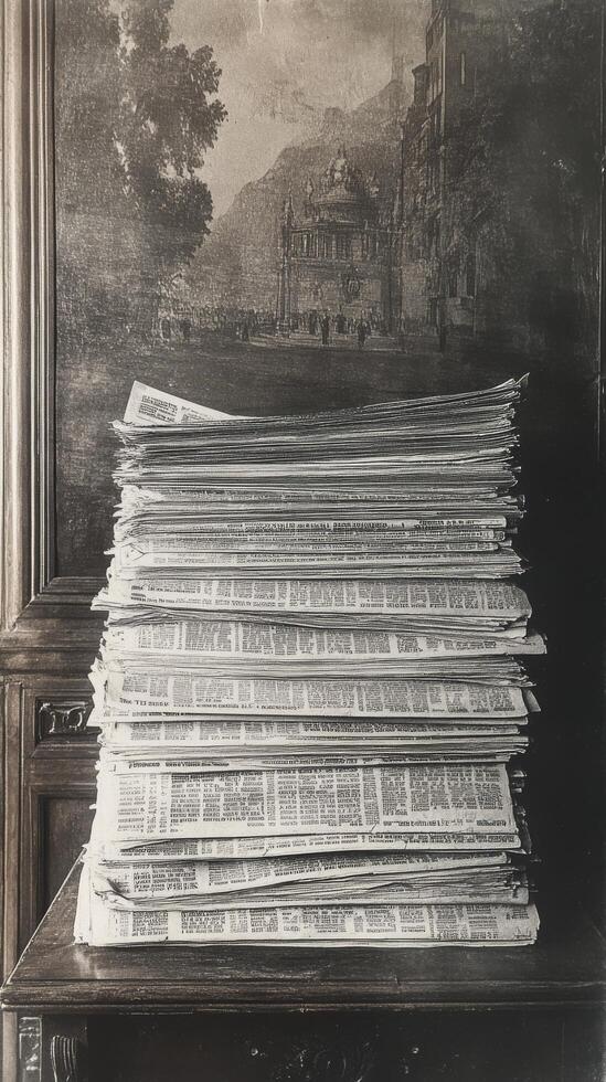 A stack of newspapers on a table in front of a painting photo