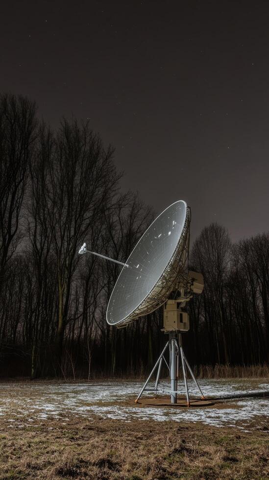 A satellite dish in the middle of a field photo