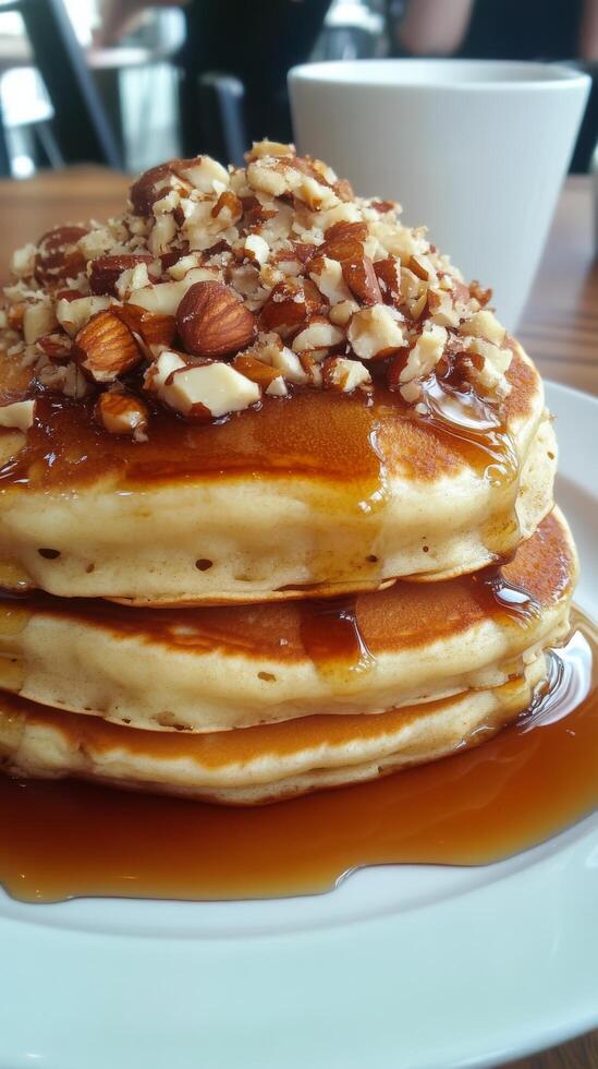 A stack of pancakes topped with nuts and syrup photo