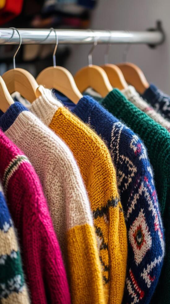 A row of colorful sweaters hanging on a rack photo