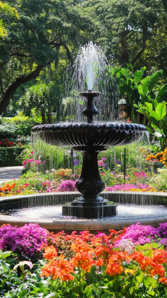 A fountain surrounded by colorful flowers in a park photo