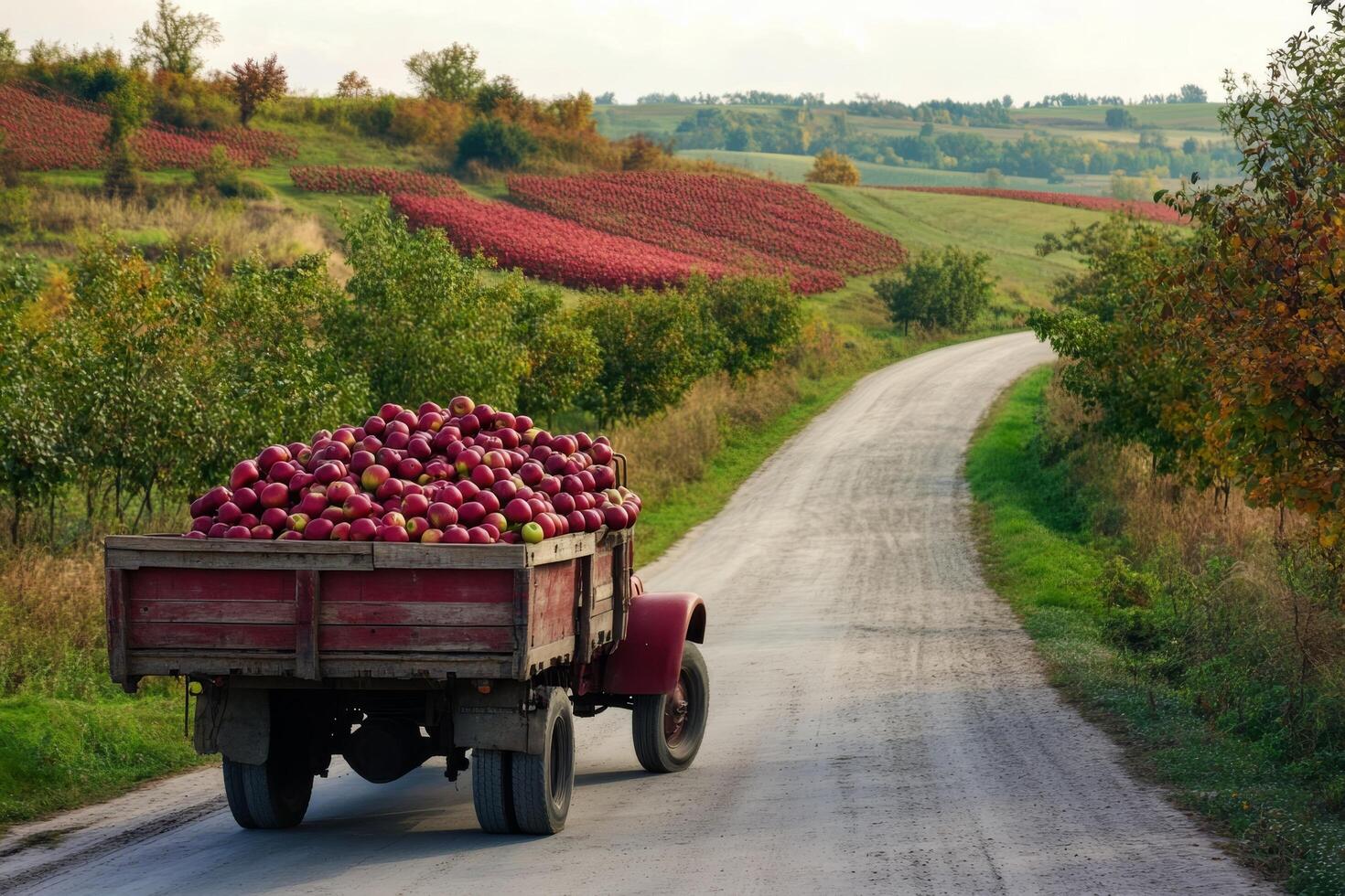 A red truck carrying apples down a country road photo