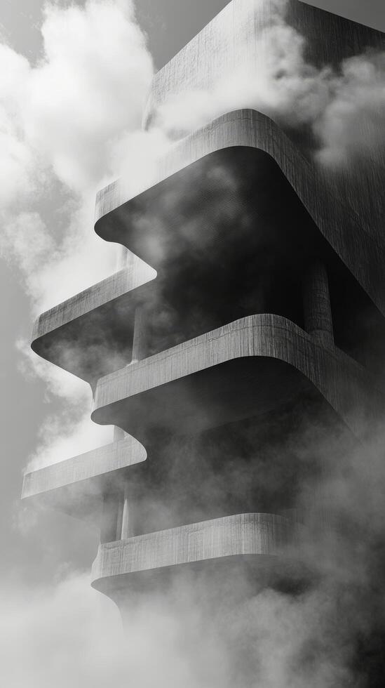 A black and white photo of a building with clouds