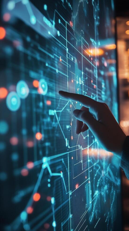 A person pointing at a digital screen with a futuristic background photo