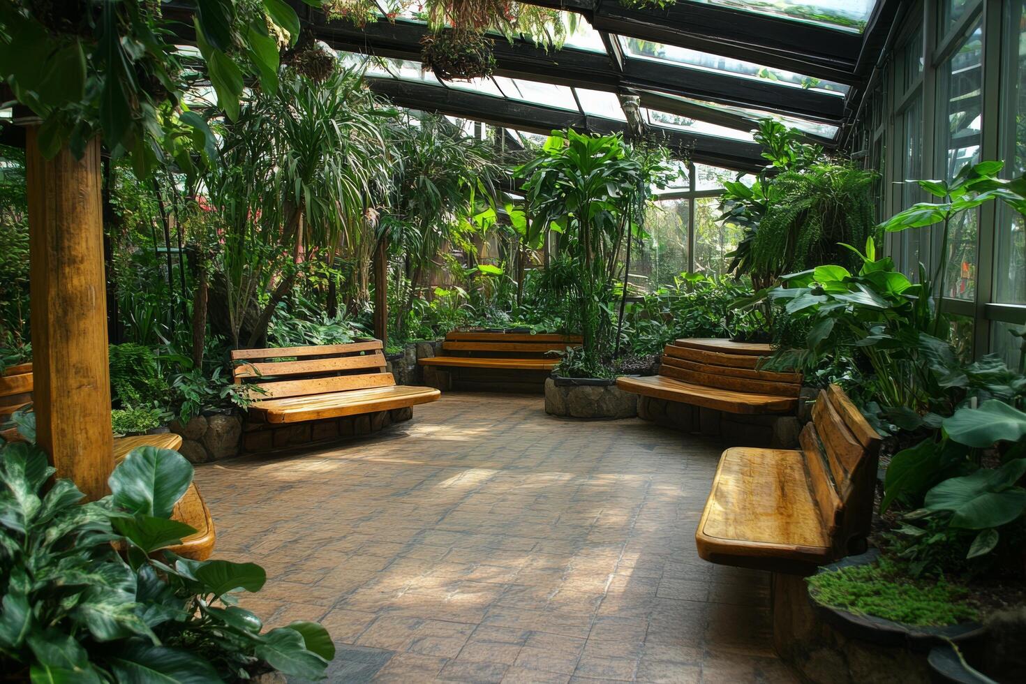 A large room with benches and plants photo