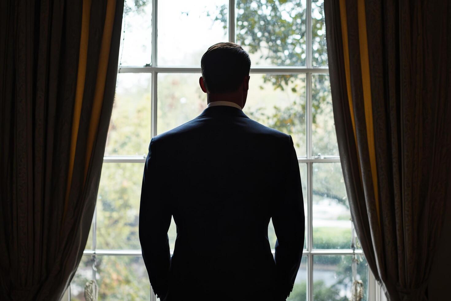 A man in a suit stands in front of a window photo