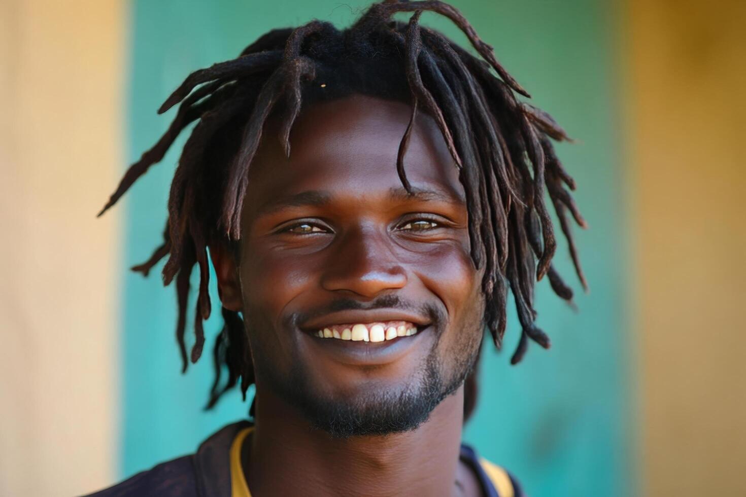 A smiling man with dreadlocks and a yellow shirt photo