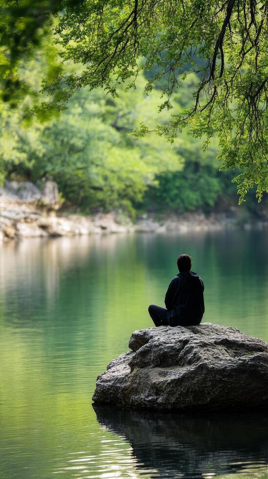 A person sitting on a rock overlooking a lake photo