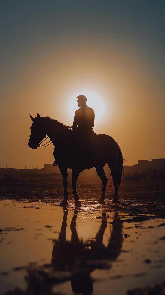 A man riding a horse at sunset photo