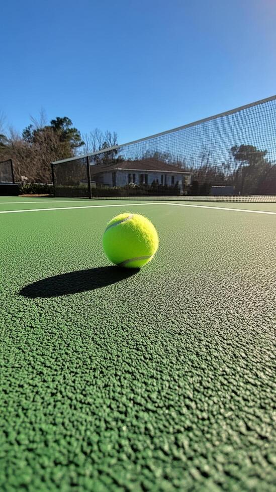 A tennis ball on a tennis court with a blue sky photo