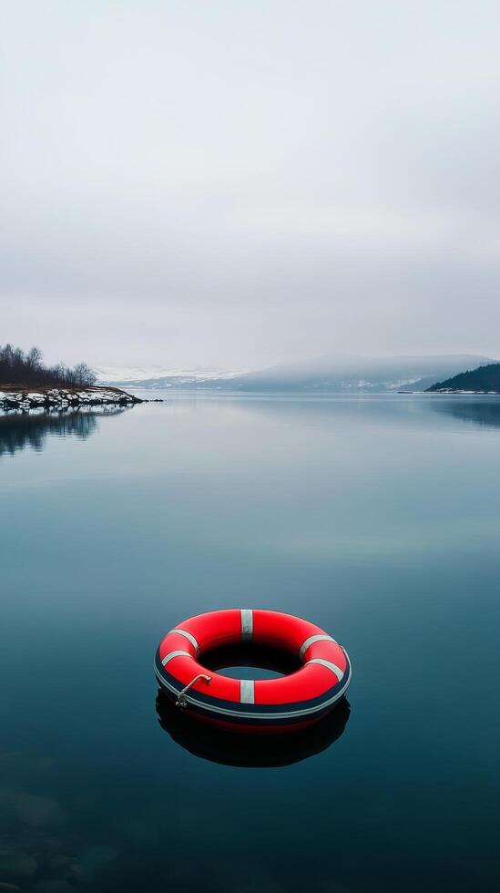 A life preserver floating in the water on a calm day photo