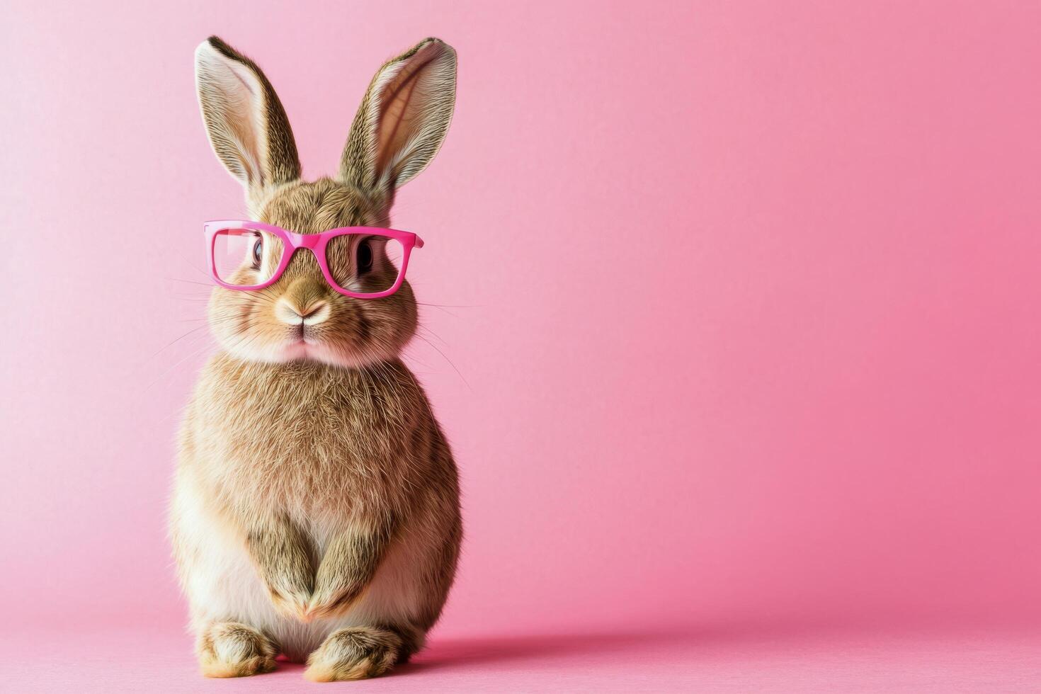 A cute rabbit wearing pink glasses on a pink background photo