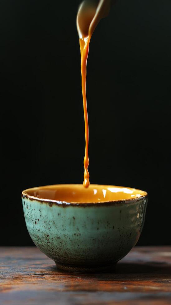 A spoon is pouring syrup into a bowl of orange liquid photo