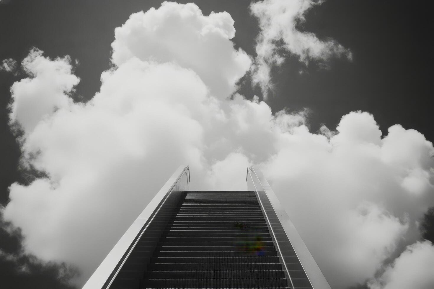 A black and white photo of stairs going up into the clouds