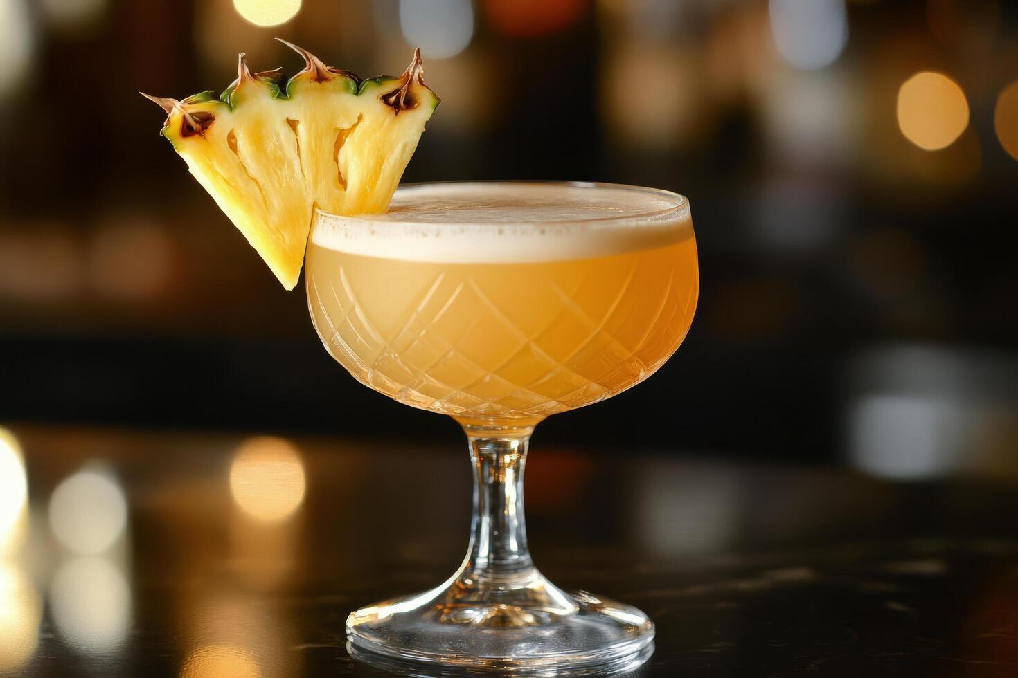 A cocktail with a pineapple garnish sitting on a bar photo