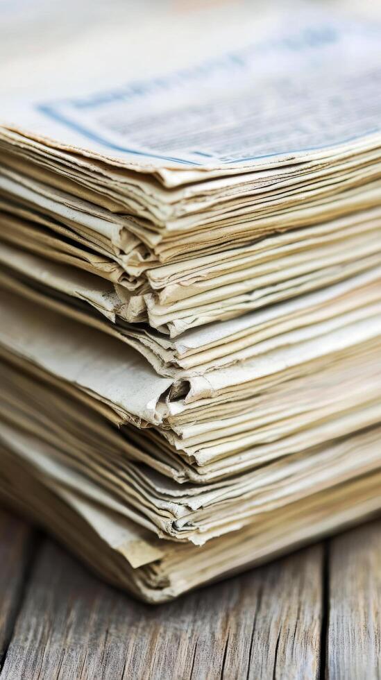 A stack of newspapers sitting on top of a wooden table photo