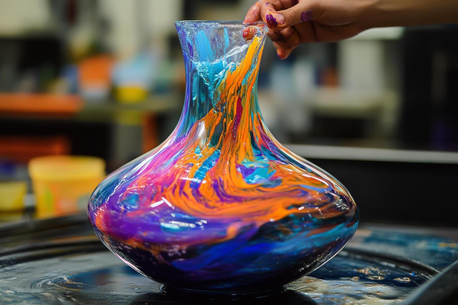 A person is painting a vase with a colorful liquid photo