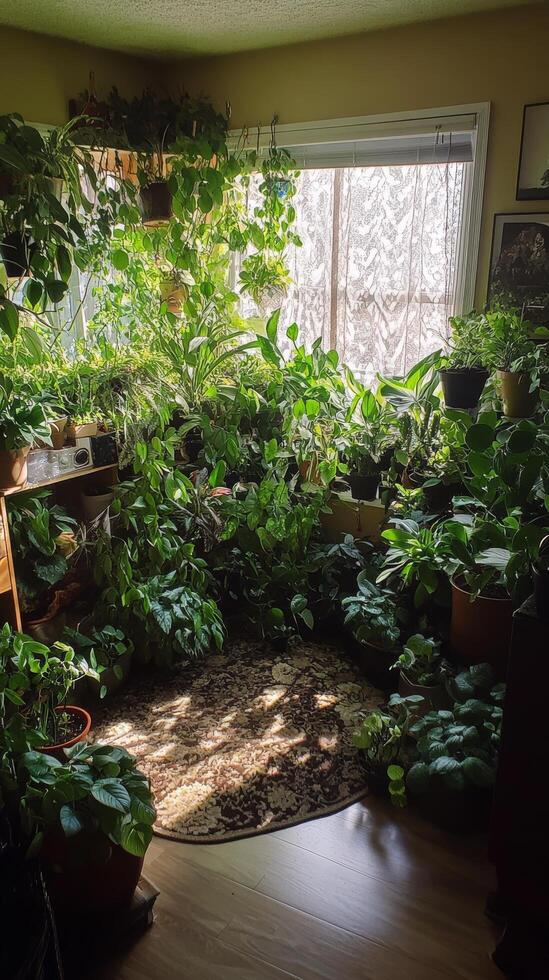 A room with lots of plants and a window photo