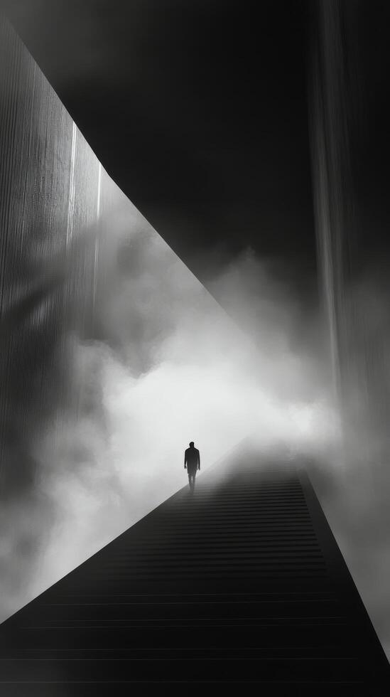 A man walks down a staircase in a foggy room photo