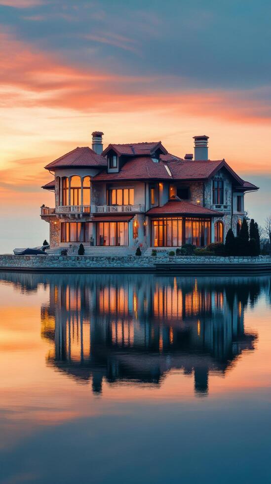 A large house on the shore of a lake at sunset photo