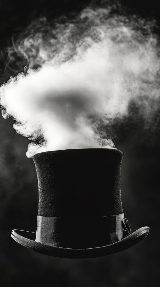 A black and white photo of a top hat with smoke coming out