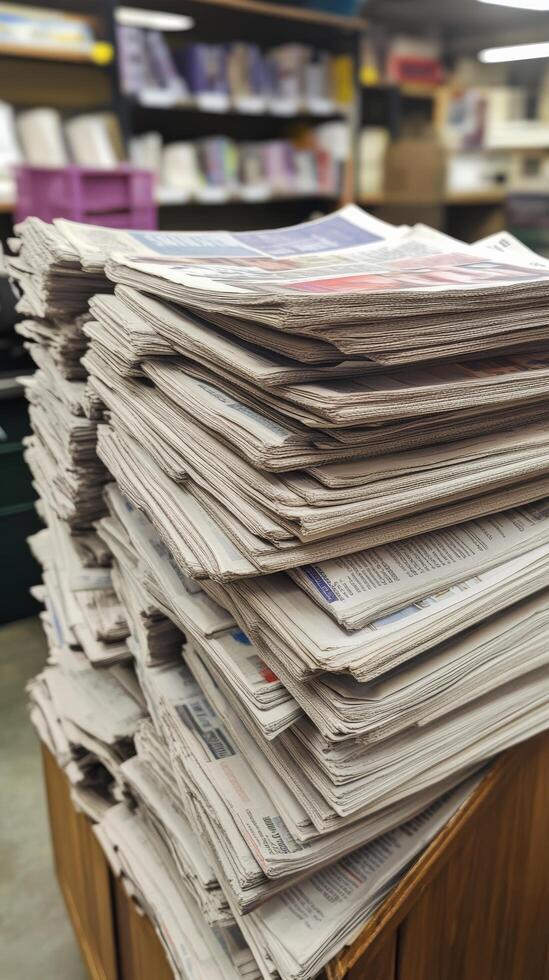 A stack of newspapers on a wooden table photo