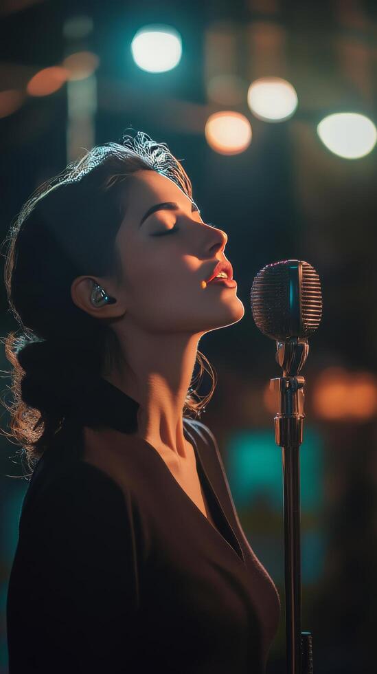 A woman singing into a microphone photo