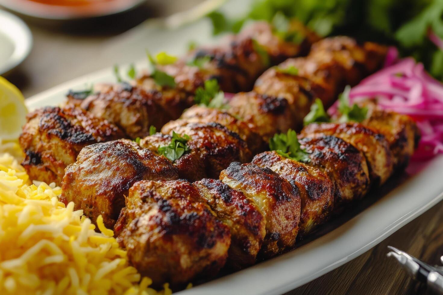 A plate of meat kebabs with rice and vegetables photo