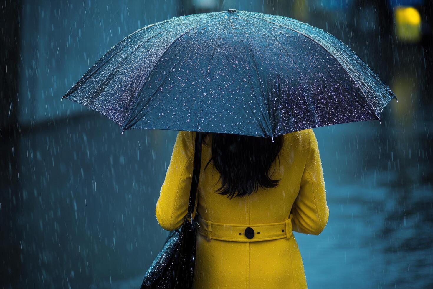 A woman in a yellow coat holding an umbrella photo