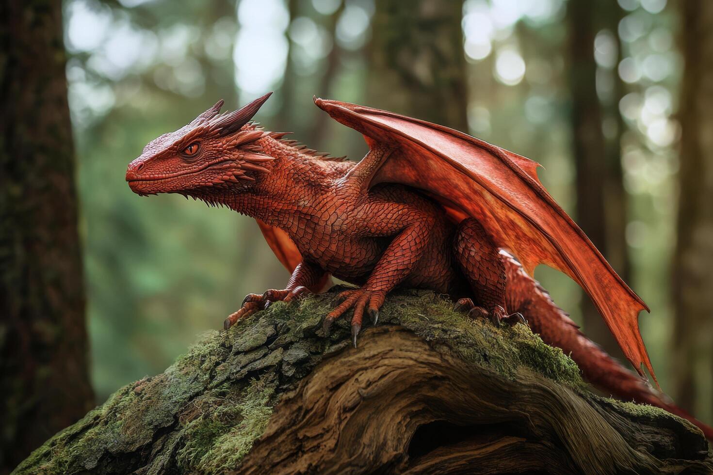 A red dragon sits on top of a tree trunk photo