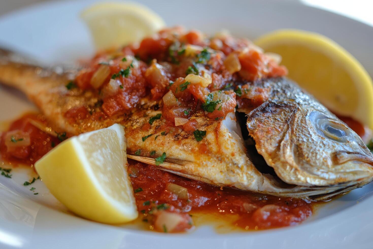 A fish with tomatoes and lemon slices on it photo