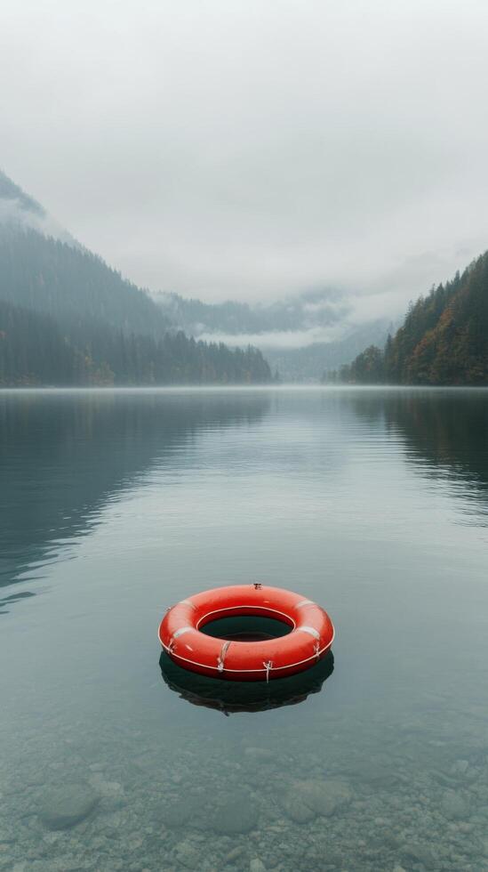 An orange life preserver floating in a lake photo