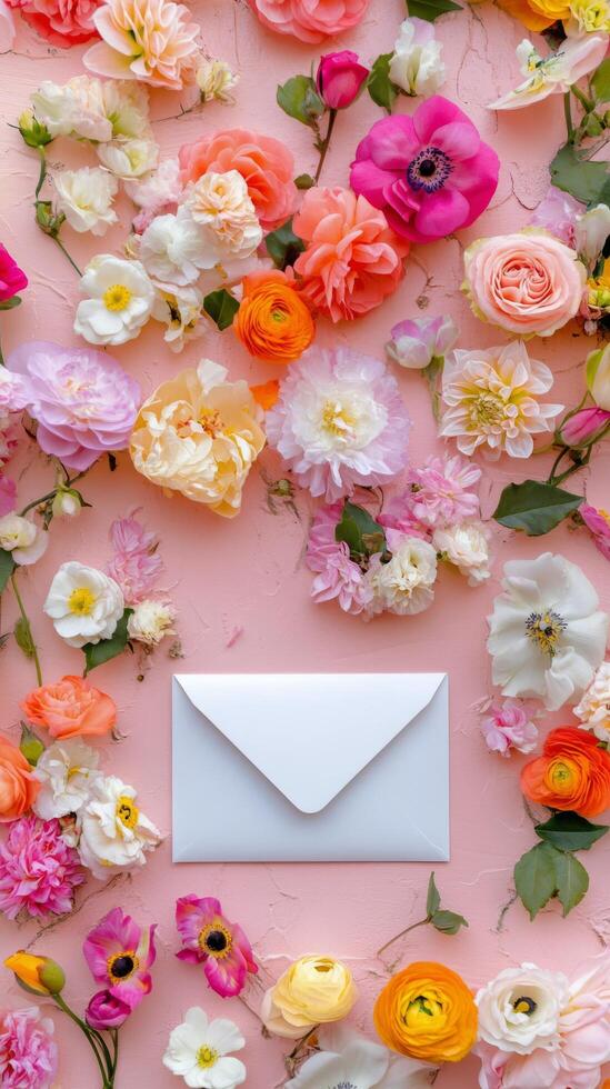 An envelope surrounded by flowers on a pink background photo